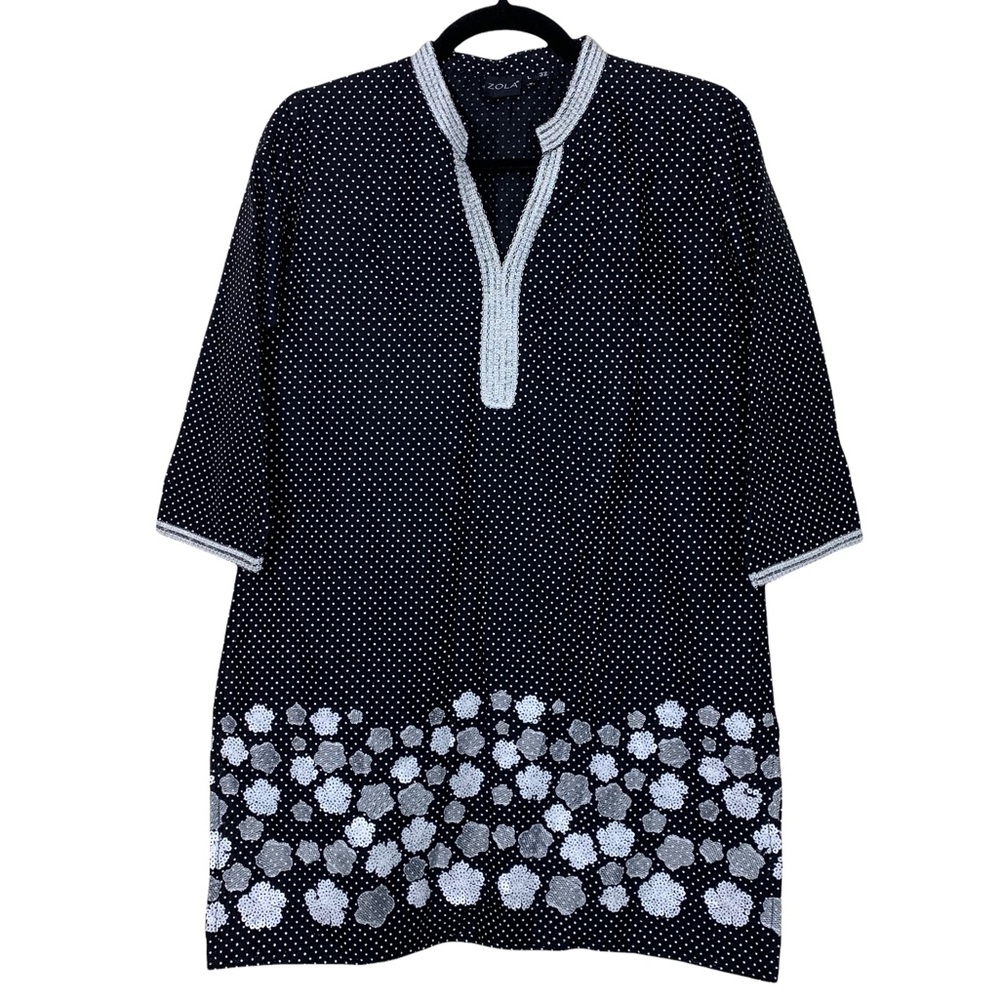 Zola Embroidered Sequin Polka Dot Funky Cotton 3/4 Sleeve Blouse Tunic Top L